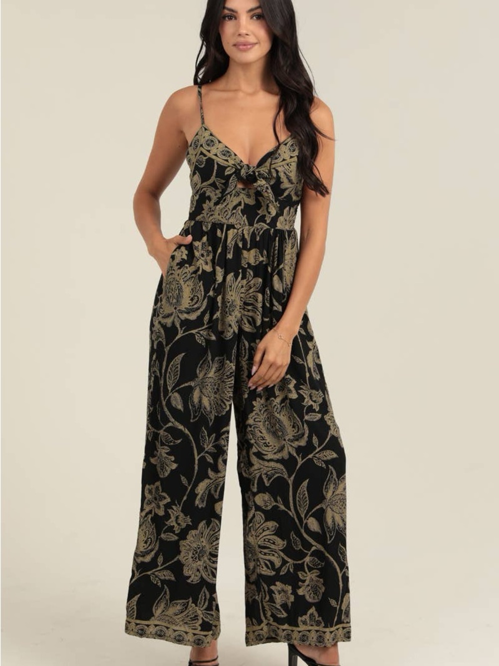 Angie NWT Sleeveless Border Print Keyhole Knot Front Wide Leg Jumpsuit